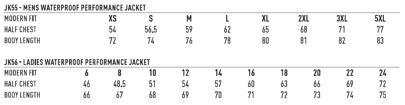 40r Jacket Size Chart